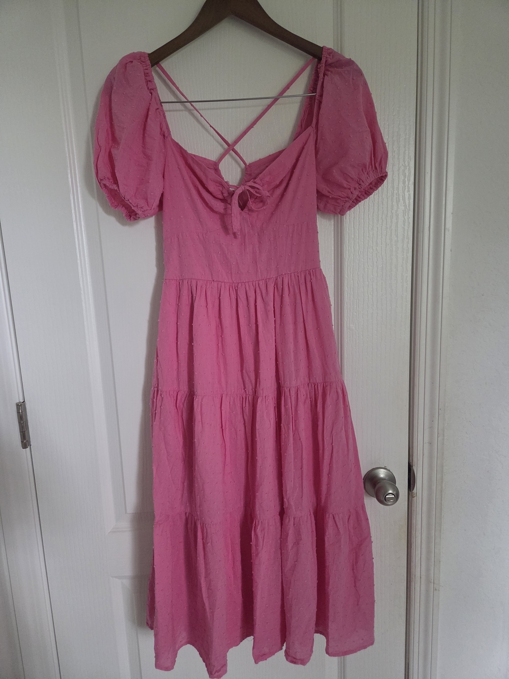 Pink Swiss Dot Puff Sleeve Open Back Tiered Midi Dress Cottagecore Barbiecore S